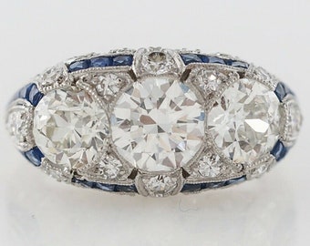 Art Deco Three Stone CZ Stone Ring, Vintage Style Wedding Ring, Sapphire Accent Ring, Antique Inspire Bridal Jewelry, Unique Heirloom Ring