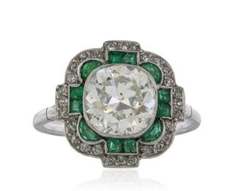 White And Green Diamond Ring, Old Mine Cut CZ Diamond Three Stone Ring, Engagement Bridal Ring, Victorian Mid Century Ring, Retro Ring