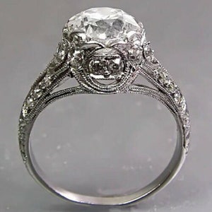 8 MM Old European Cut Moissanite Diamond Ring, Vintage Style Wedding Ring, Art Deco Ring, Antique Inspire Engraved Ring, Estate Ring For Her