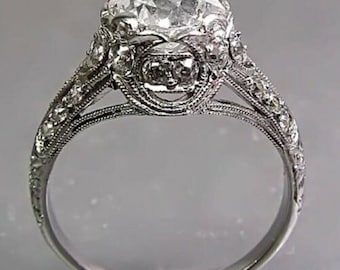 8 MM Old European Cut Moissanite Diamond Ring, Vintage Style Wedding Ring, Art Deco Ring, Antique Inspire Engraved Ring, Estate Ring For Her