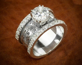 Paisley Pattern Unique Ring, 8.00MM Round Cut Moissanite Diamond Engagement Ring, Solitaire With Accent Ring, Vintage Style Edwardian Ring