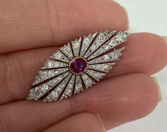 Circa 1890&#39;s Sun Burst Milgrain Brooch, Pink Ruby Cushion & Round Cut Diamond Art Navette Brooch, Gemstone 14K Gold Brooch, Art Deco Brooch