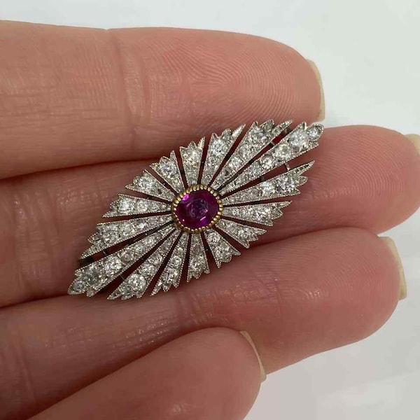 Circa 1890's Sun Burst Milgrain Brooch, Pink Ruby Cushion & Round Cut Diamond Art Navette Brooch, Gemstone 14K Gold Brooch, Art Deco Brooch