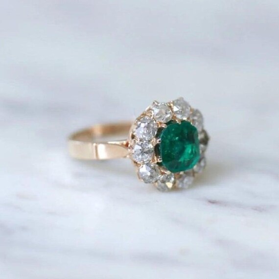 Halo Engagement Ring, Green Asscher Round Cut CZ Stone Ring