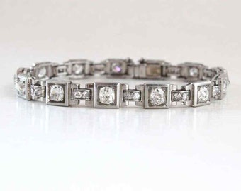 Pulsera de diamantes y moissanita de talla redonda, estilo Art Déco vintage, circa 1930, pulsera de tenis de plata 925, pulsera geométrica para ella