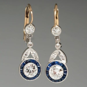 Dangle & Drop Lever Back Earring, White And Sapphire CZ Diamond Target Halo Earring, Wedding Engagement Earring, Valentine Gift Earring