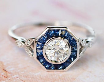Bezel Set Round & Blue Baguette Cut CZ Stone Ring, Halo Vintage Style Ring For Women's, Sapphire Minimalist Ring, Silver-Gold Wedding Ring