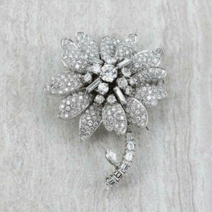 Baguette & Round Cut Diamond Brooch, Flower Inspired Brooch, Women&#39;s Party Wear Brooch, 925 Silver Wedding Brooch, Valentine Gift For Her