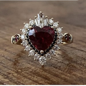 Garnet Heart Cut CZ Stone Engagement Ring, Handamde Ring, Heart Shape Halo Style Unique Ring, Wedding Proposal Ring, Silver & Gold Ring