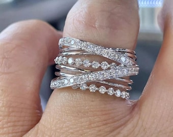 Intertwined Crossover Band Ring, Round Cut Moissanite Diamond Wedding Ring, Multi Layer Criss Cross Band Ring, Party Wear Ring For Women