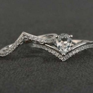 Pear Cut CZ & Moissanite Diamond Wedding Ring Set, Two Stone Ring Set, V Shape Women's Ring Set, Engagement Proposl Ring Set, Teardrop Ring