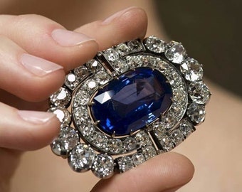 Antique Vintage Style Diamond Brooch, Royal Blue Sapphire Cushion & Diamond Brooch, Gemstone Victorian Brooch, Mid-century Style Brooch