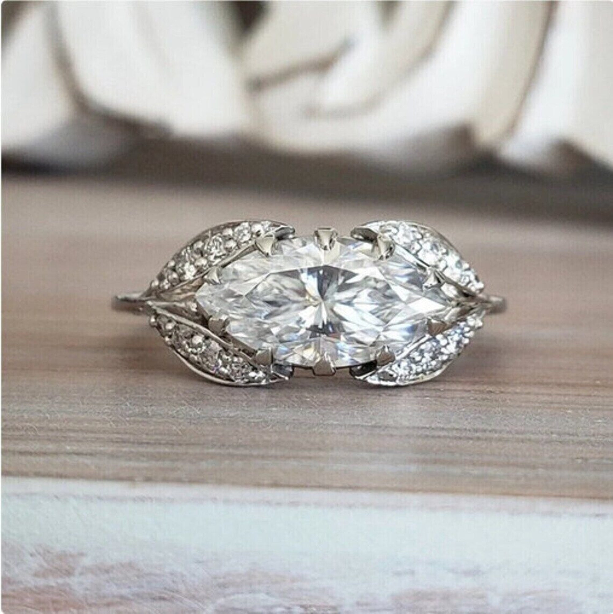 East West Marquise Cut Moissanite Diamond Ring, Vintage