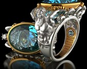 Retro Vintage Ring, Big Oval Aquamarine CZ Diamond Poseidon Ring, Wedding Gift Ring, Ocean King Embroidery Sea King Ring, Christmas Gift