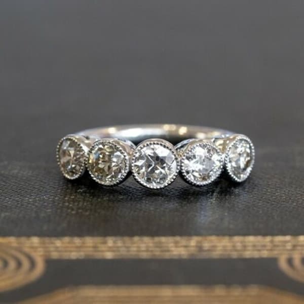Old European Cut Moissanite Diamond Ring, Classic Bezel Set Five Stone Ring, Women's Multi-stone ring, Vintage Style Engagement Ring