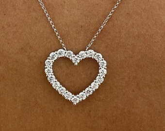 Hollow Heart Pendant Necklace, Round Moissanite Diamond Open Heart Necklace, Heart Shape Wedding Necklace, Valentine's Gift For Girlfriend