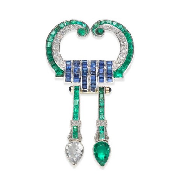 Emerald & Sapphire Brooch, Multi Color Stone Brooch, Art Deco Multi Stone Brooch, Vintage Style Teardrop Brooch, 925 Silver Brooch For Her
