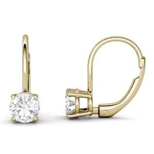 7 MM Round Moissanite Diamond Earrings, Solitaire Engagement Dangle Earring, Leverback Earrings, 18K Yellow Gold Earrings, Wedding Gift