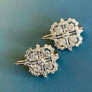 Art Deco Floral Motif Dangle Earring, Lever Back Earring, Round Moissanite Diamond Openwork Earring, Vintage Look 14K White Gold Earring