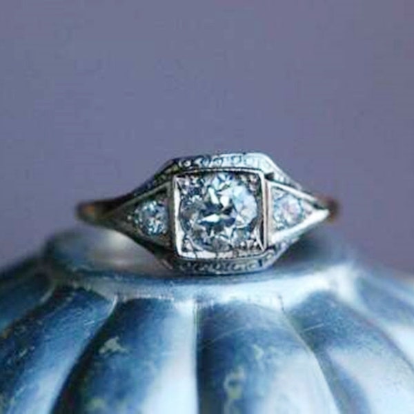 Old European Cut Moissanite Diamond Engagement Ring, Handmade Jewellery, Edwardian Delicate Ring, Art Deco Unique Ring, Three Stone Ring
