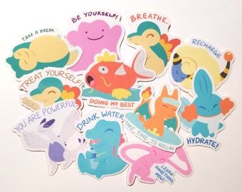 May include: A set of ten colorful stickers featuring cartoon characters from the Pokemon franchise. Each sticker has a motivational message, such as "Take a Break", "Be Yourself!" and "Treat Yourself!"