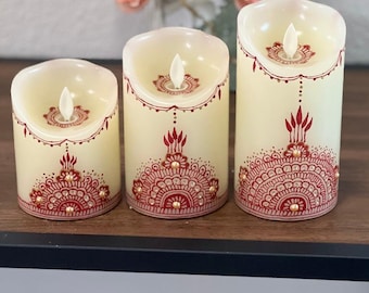 Hand Painted LED Pillar Candle Set: Flameless Ivory Wax, Remote Included