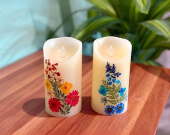 Pressed Dried Flower Flameless Candle: Battery Operated LED Pillar