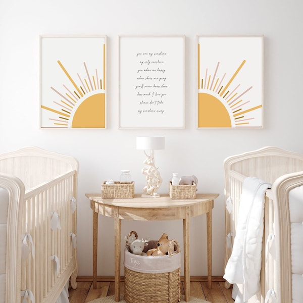 You Are My Sunshine Print, Nursery Wall Art, Kids Room Decor, Sun Printable, Gender Neutral Nursery, Set of 3