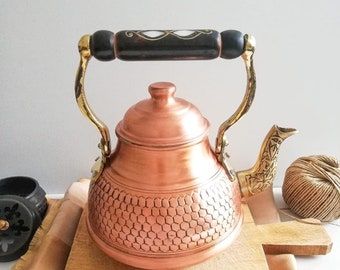 Copper Turkish Teapot, Tea warmer Kettle, personalized giftsEngraved Teapot, Wooden Handle Teapot, Hammered Teapot, Herbal Tea Kettle