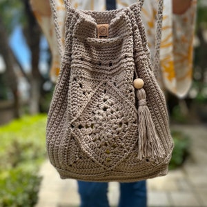 Crochet Drawstring Backpack, Granny Square Backpack, Crochet Tote