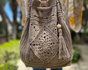 Crochet Drawstring Backpack, Granny Square Backpack, Crochet Tote