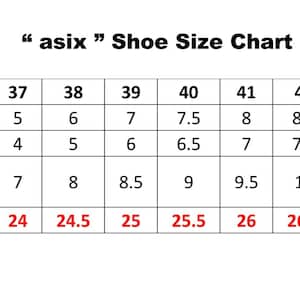 Peut inclure: Un tableau de pointures intitul&eacute; asix Shoe Size Chart avec des lignes pour l'Europe, l'Australie, le Royaume-Uni, les &Eacute;tats-Unis et le Canada, et les centim&egrave;tres. Le tableau affiche des conversions de tailles de 36 &agrave; 45 et 23,5 &agrave; 28 cm.