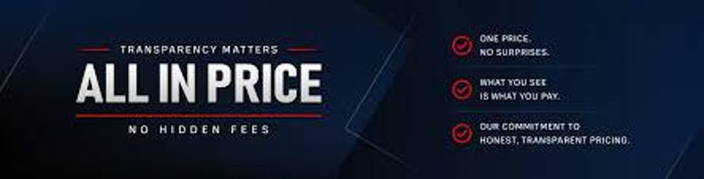 Peut inclure: Une banni&egrave;re graphique bleu fonc&eacute; avec le texte blanc "TRANSPARENCY MATTERS", "ALL IN PRICE" et "NO HIDDEN FEES". &Agrave; droite, trois ic&ocirc;nes de coche rouge accompagnent le texte : "ONE PRICE, NO SURPRISES", "WHAT YOU SEE IS WHAT YOU PAY" et "OUR COMMITMENT TO HONEST, TRANSPARENT PRICING".