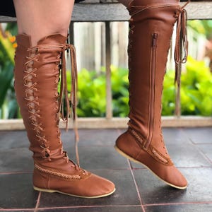 Bottes renaissance, Bottes hautes, Bottes en cuir pour femmes, Bottes à lacets, FAIT MAIN Original 100 % cuir Tan