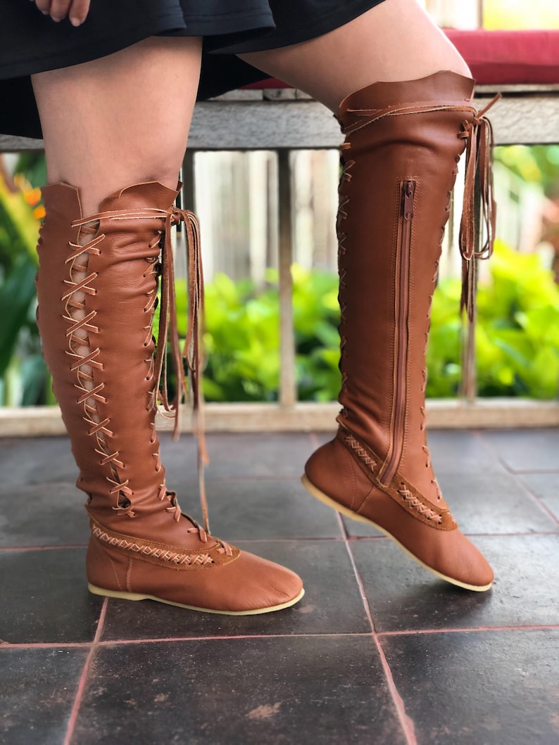 Bottes renaissance, Bottes hautes, Bottes en cuir pour femmes, Bottes à lacets, FAIT MAIN Original 100 % cuir Tan