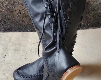 Botas Negras para Mujer, Botas hasta la Rodilla, Botas de Cuero con Cordones, HECHAS A MANO Originales 100% Cuero