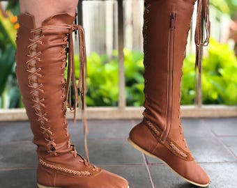 Ręcznie robione skórzane buty do kolan - buty średniowieczne - sznurowane i w stylu vintage