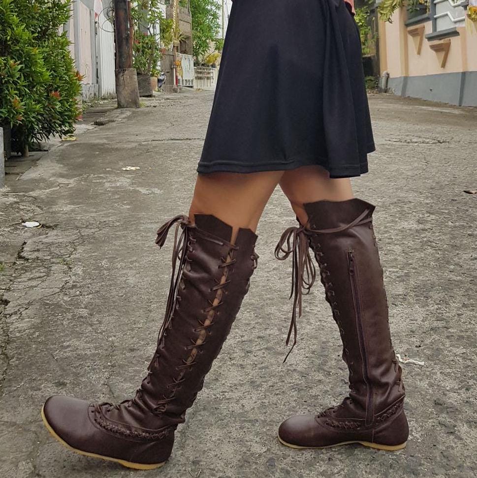 Shoe Tan Lace Up Knee High Boots Women Suede Shoes Round Toe Back