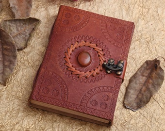 Awesome Leather Cover Diary withh Stone, Hook Lock Handmade paper journals, brown stone Leather Journal
