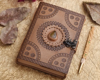 Leather cover Journal, with Brown Stone, Handmade paper journals, brown stone Leather Journal, Leather journal notebook