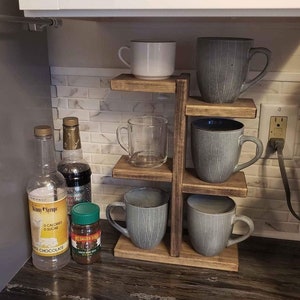 Wooden Mug Stand | Rustic Display Shelf | Tiered Cup Holder