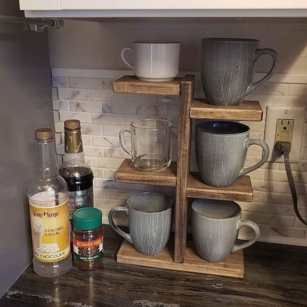 Wooden Mug Stand | Rustic Display Shelf | Tiered Cup Holder