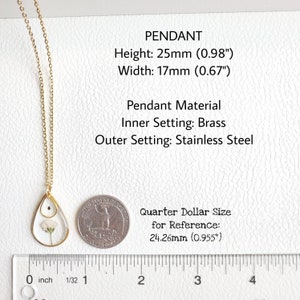 May include: A gold chain necklace with a teardrop-shaped pendant featuring a pressed white flower inside. The pendant is 0.98 inches tall and 0.67 inches wide. The pendant is made of brass with a stainless steel outer setting. A quarter dollar coin is shown for size reference.