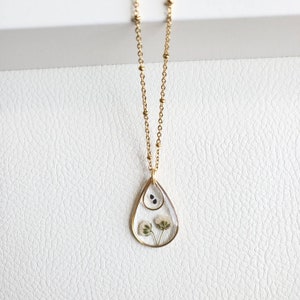May include: A gold chain necklace with a teardrop-shaped pendant. The pendant is filled with clear resin and contains dried flowers and seeds.