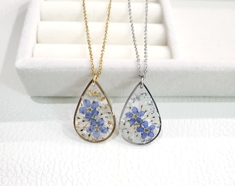 Handmade Forget Me Not Resin Necklace: Pressed Flower Jewelry