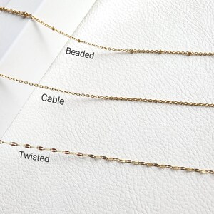 May include: Three gold chains on a white background. The chains are labeled "Beaded", "Cable", and "Twisted".