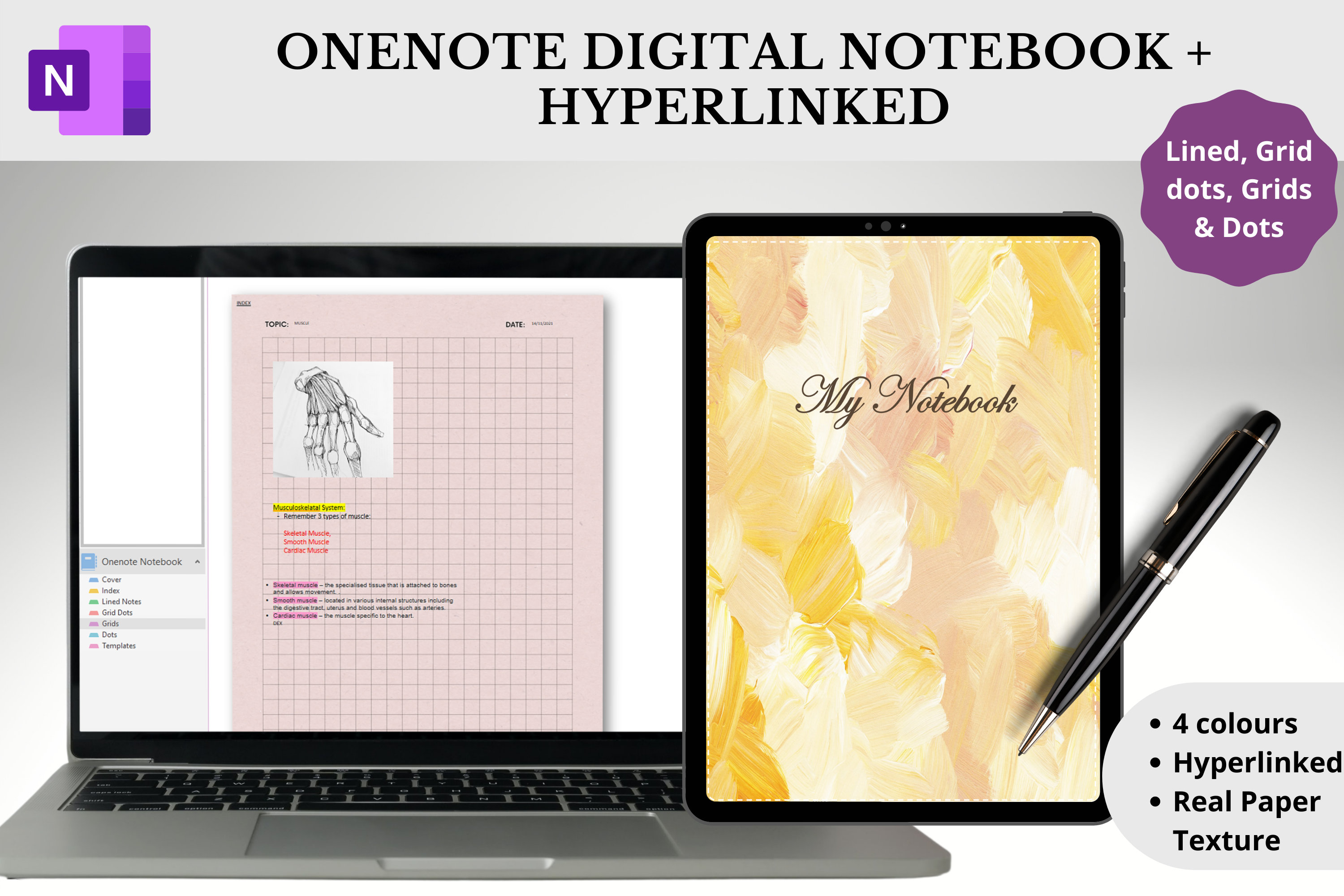 Onenote Digital Notebook, Hyperlinked, 32 Paper Templates, Cornell
