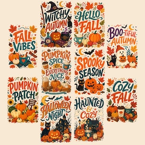 May include: A collection of ten rectangular illustrations featuring autumn and Halloween themes with text including Fall Vibes, Witchy Autumn, Hello Fall, Boo-tiful Autumn, Pumpkin Spice, Spooky Season, Pumpkin Patch, Halloween Night, Haunted & Cozy, and Cozy Fall.