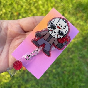 Jason badge reel, horror badge reel, Halloween badge, custom badge reel