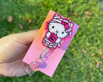 Kitty Halloween badge reel, mummy badge reel, Halloween, spooky badge reel